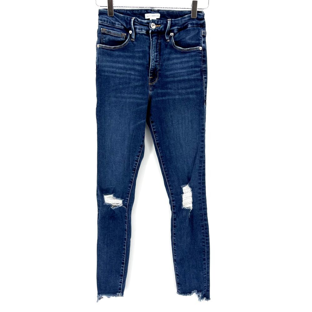 Good American Good Waist Skinny‎ Jeans Size 4/27 Step Hem Distressed Dark Wash